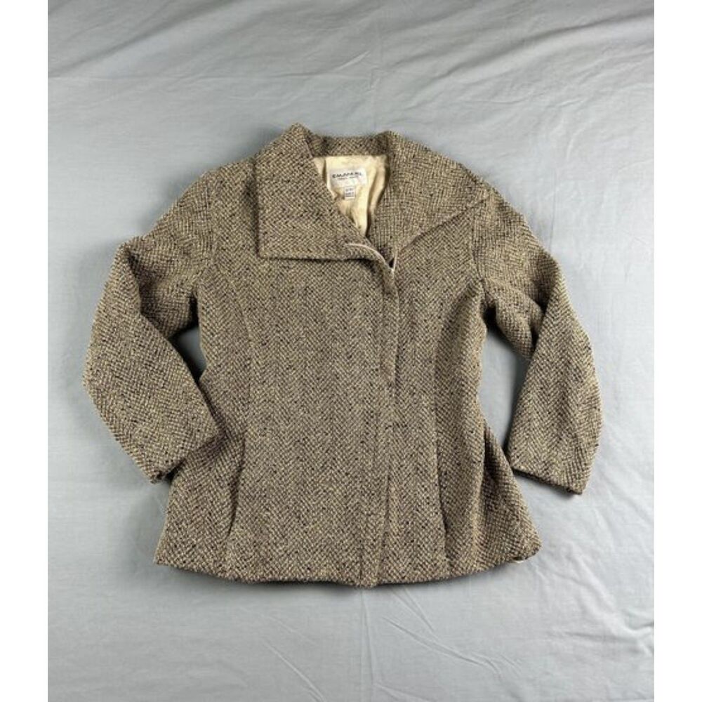 Emanuel Ungaro Wool Blend Tweed Jacket Size 8 Brown Black Asymmetrical Full Zip
